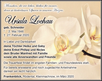 Traueranzeige von Ursula Lochau von Südthüringer Presse