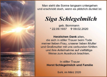 Traueranzeige von Siga Schlegelmilch von Südthüringer Presse