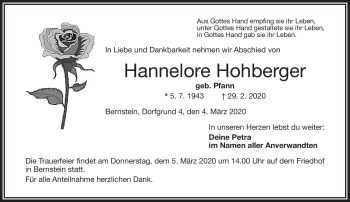 Traueranzeige von Hannelore Hohberger von Frankenpost