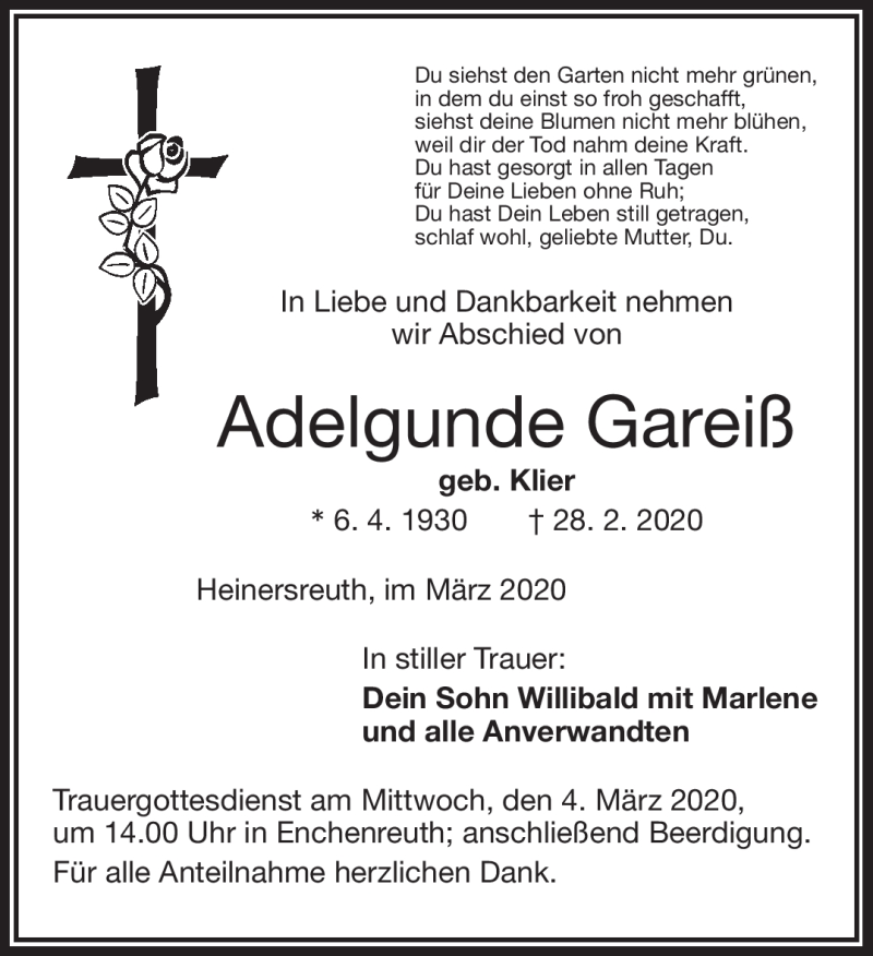  Traueranzeige für Adelgunde Gareiß vom 03.03.2020 aus Frankenpost