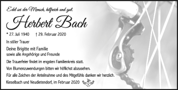 Traueranzeige von Herbert Bach von Südthüringer Presse