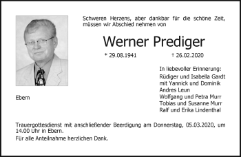 Traueranzeige von Werner Prediger von Neue Presse Coburg