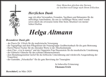 Traueranzeige von Helga Altmann von Südthüringer Presse