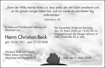 Traueranzeige von Christian Beck von Frankenpost