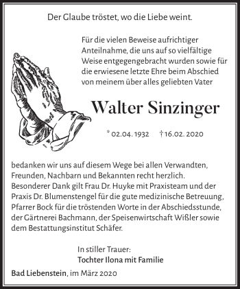 Traueranzeige von Walter Sinzinger von Südthüringer Presse