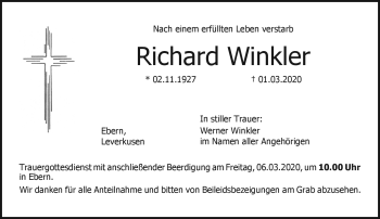 Traueranzeige von Richard Winkler von Neue Presse Coburg