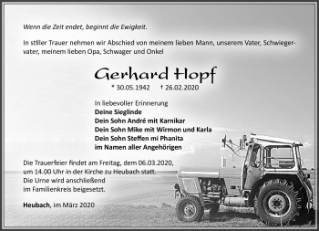 Traueranzeige von Gerhard Hopf von Südthüringer Presse