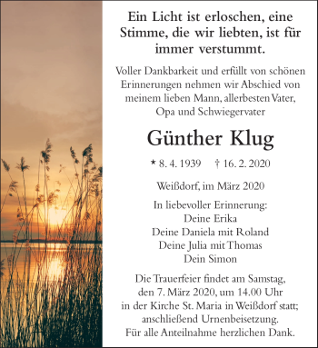 Traueranzeige von Günther Klug von Frankenpost