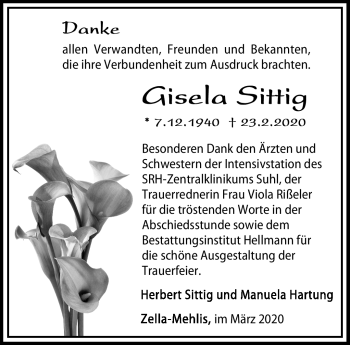 Traueranzeige von Gisela Sittig von Südthüringer Presse