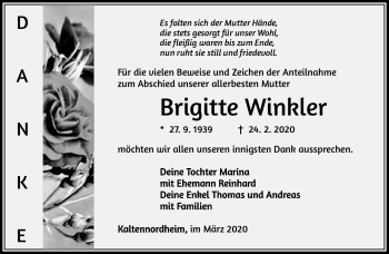 Traueranzeige von Brigitte Winkler von Südthüringer Presse