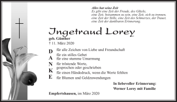 Traueranzeige von Ingetraud Lorey von Südthüringer Presse