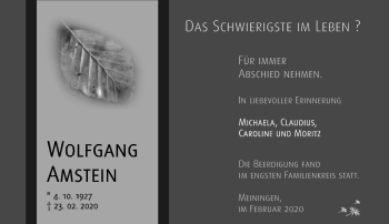 Traueranzeige von Wolfgang Amstein von Südthüringer Presse