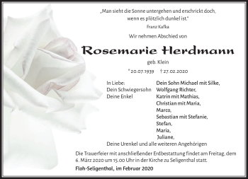 Traueranzeige von Rosemarie Herdmann von Südthüringer Presse