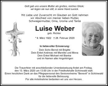Traueranzeige von Luise Weber von Frankenpost