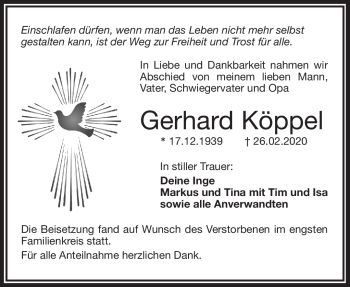 Traueranzeige von Gerhard Köppel von Frankenpost