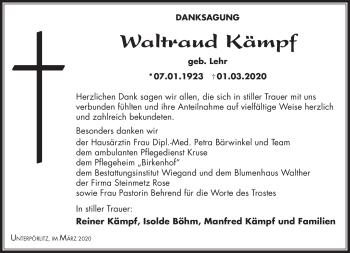 Traueranzeige von Waltraud Kämpf von Südthüringer Presse