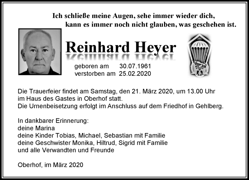  Traueranzeige für Reinhard Heyer vom 14.03.2020 aus Südthüringer Presse