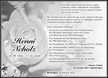Traueranzeige von Henni Scholz von Südthüringer Presse