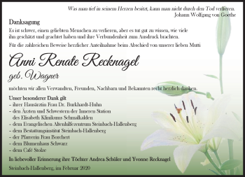 Traueranzeige von Anni Recknagel von Südthüringer Presse