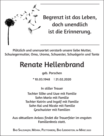 Traueranzeige von Renate Hellenbrand von Südthüringer Presse