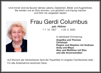 Traueranzeige von Gerdi Columbus von Frankenpost
