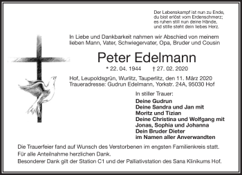 Traueranzeige von Peter Edelmann von Frankenpost