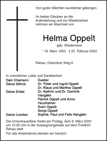Traueranzeige von Helma Oppelt von Frankenpost