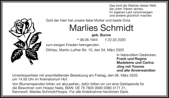 Traueranzeige von Marlies Schmidt von Frankenpost