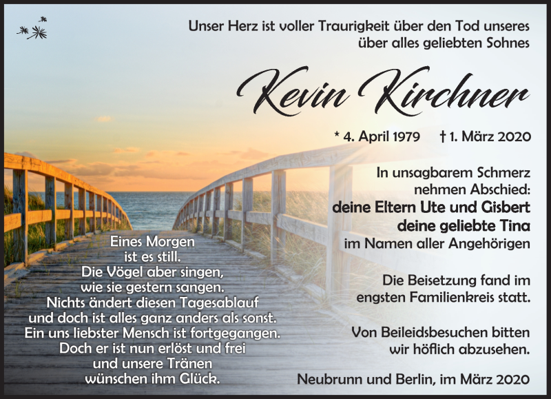  Traueranzeige für Kevin Kirchner vom 07.03.2020 aus Südthüringer Presse