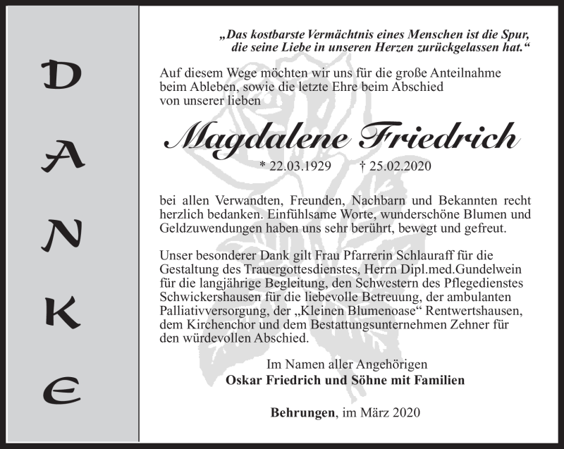  Traueranzeige für Magdalene Friedrich vom 14.03.2020 aus Südthüringer Presse