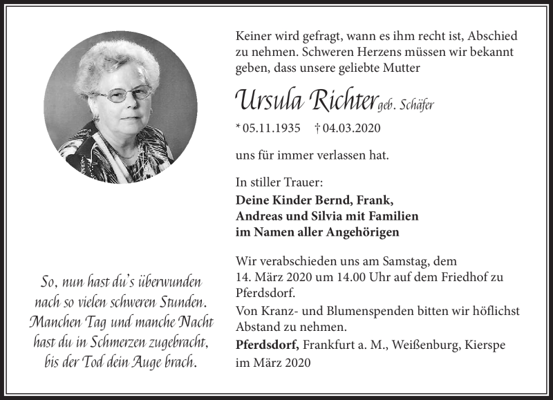 Traueranzeige für Ursula Richter vom 11.03.2020 aus Südthüringer Presse