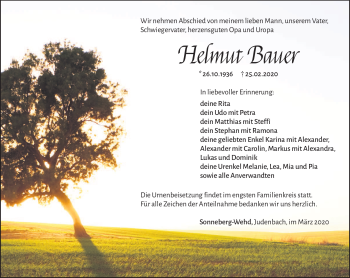 Traueranzeige von Helmut Bauer von Südthüringer Presse