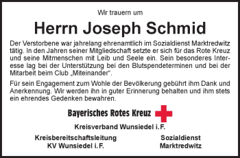Traueranzeige von Joseph Schmid von Frankenpost