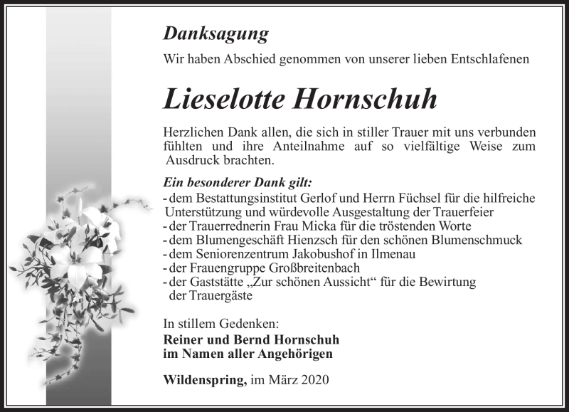  Traueranzeige für Lieselotte Hornschuh vom 14.03.2020 aus Südthüringer Presse