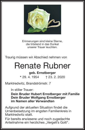Traueranzeige von Renate Rubner von Frankenpost