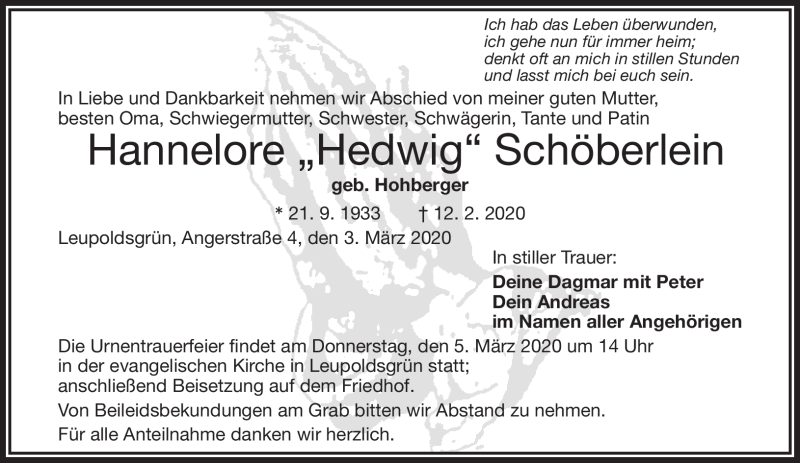  Traueranzeige für Hannelore Schöberlein vom 03.03.2020 aus Frankenpost