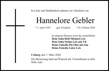 Traueranzeige von Hannelore Gebler von Neue Presse Coburg