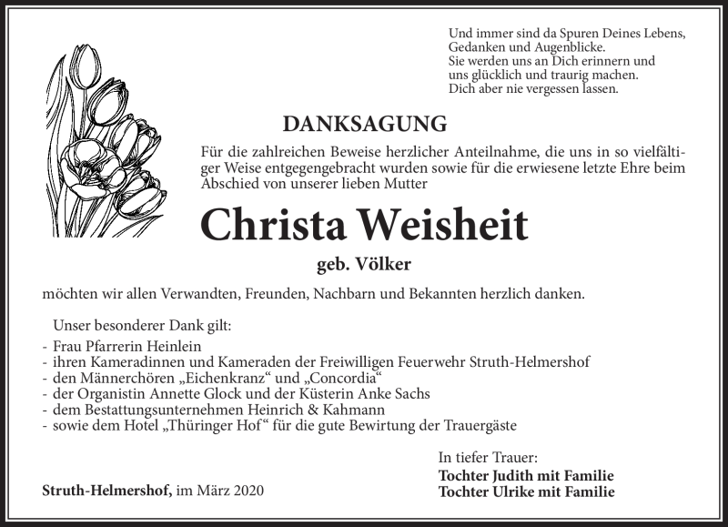 Traueranzeige für Christa Weisheit vom 07.03.2020 aus Südthüringer Presse