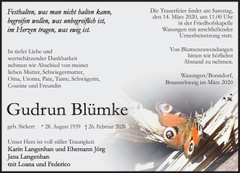 Traueranzeige von Gudrun Blümke von Südthüringer Presse
