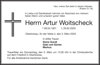 Traueranzeige von Artur Woitscheck von Frankenpost