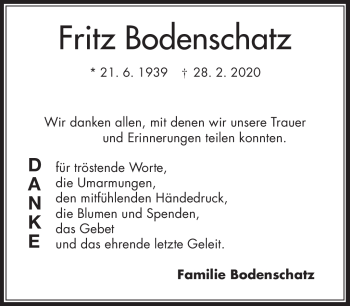 Traueranzeige von Fritz Bodenschatz von Frankenpost