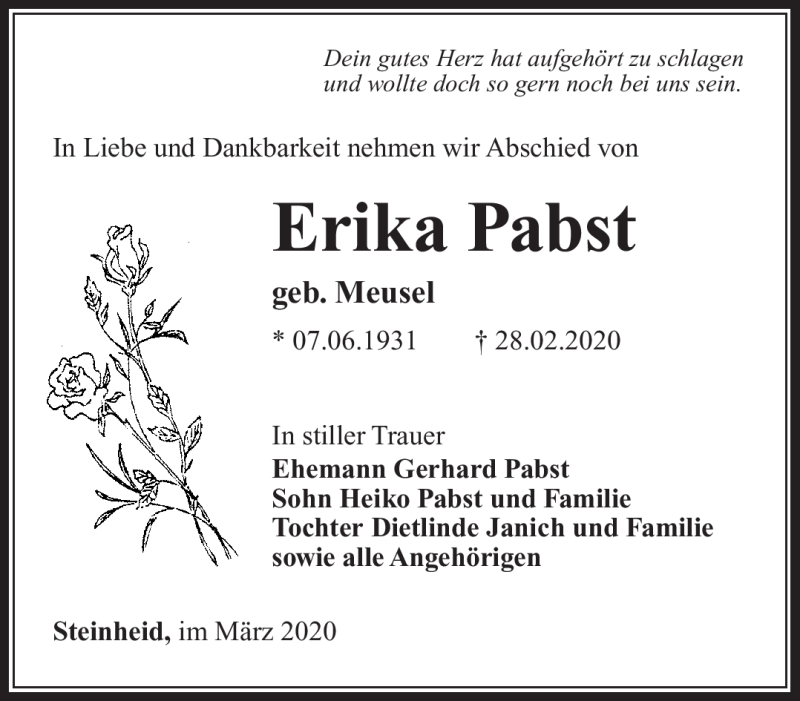  Traueranzeige für Erika Pabst vom 07.03.2020 aus Südthüringer Presse