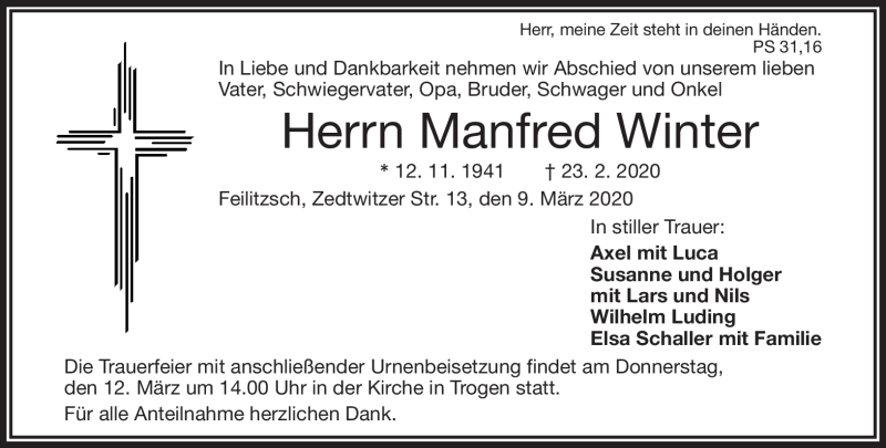  Traueranzeige für Manfred Winter vom 09.03.2020 aus Frankenpost