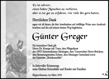 Traueranzeige von Günter Greger von Südthüringer Presse