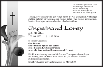 Traueranzeige von Ingetraud Lorey von Südthüringer Presse