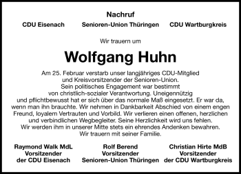 Traueranzeige von Wolfgang Huhn von Südthüringer Presse