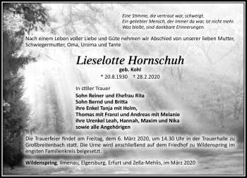 Traueranzeige von Lieselotte Hornschuh von Südthüringer Presse