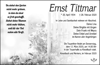Traueranzeige von Ernst Tittmar von Südthüringer Presse