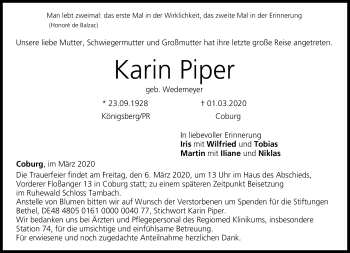 Traueranzeige von Karin Piper von Neue Presse Coburg
