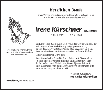 Traueranzeige von Irene Kürschner von Südthüringer Presse
